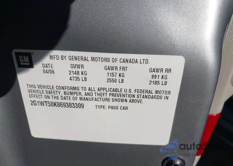 2006 Chevrolet Impala Lt from USA, damaged, VIN 2G1WT58K869383309